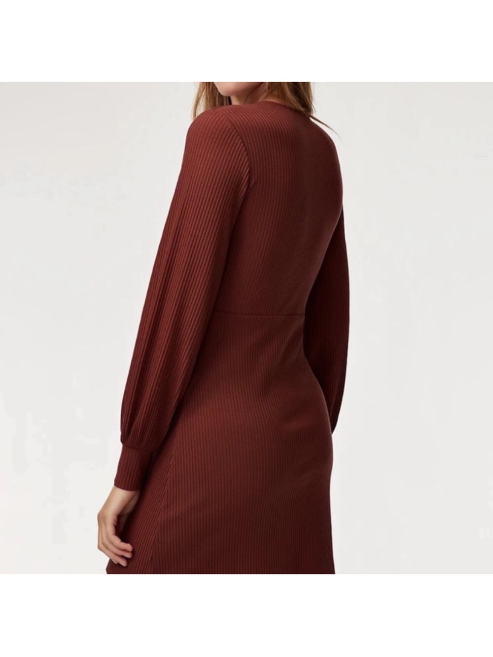 Aritzia Wilfred Jeanne Ribbed Mini Dress XS Rust V Neck Balloon Sleeve Boho - Picture 7 of 9
